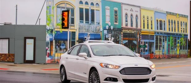 A driverless Ford Fusion Hybrid being tested at Mcity in Michigan.