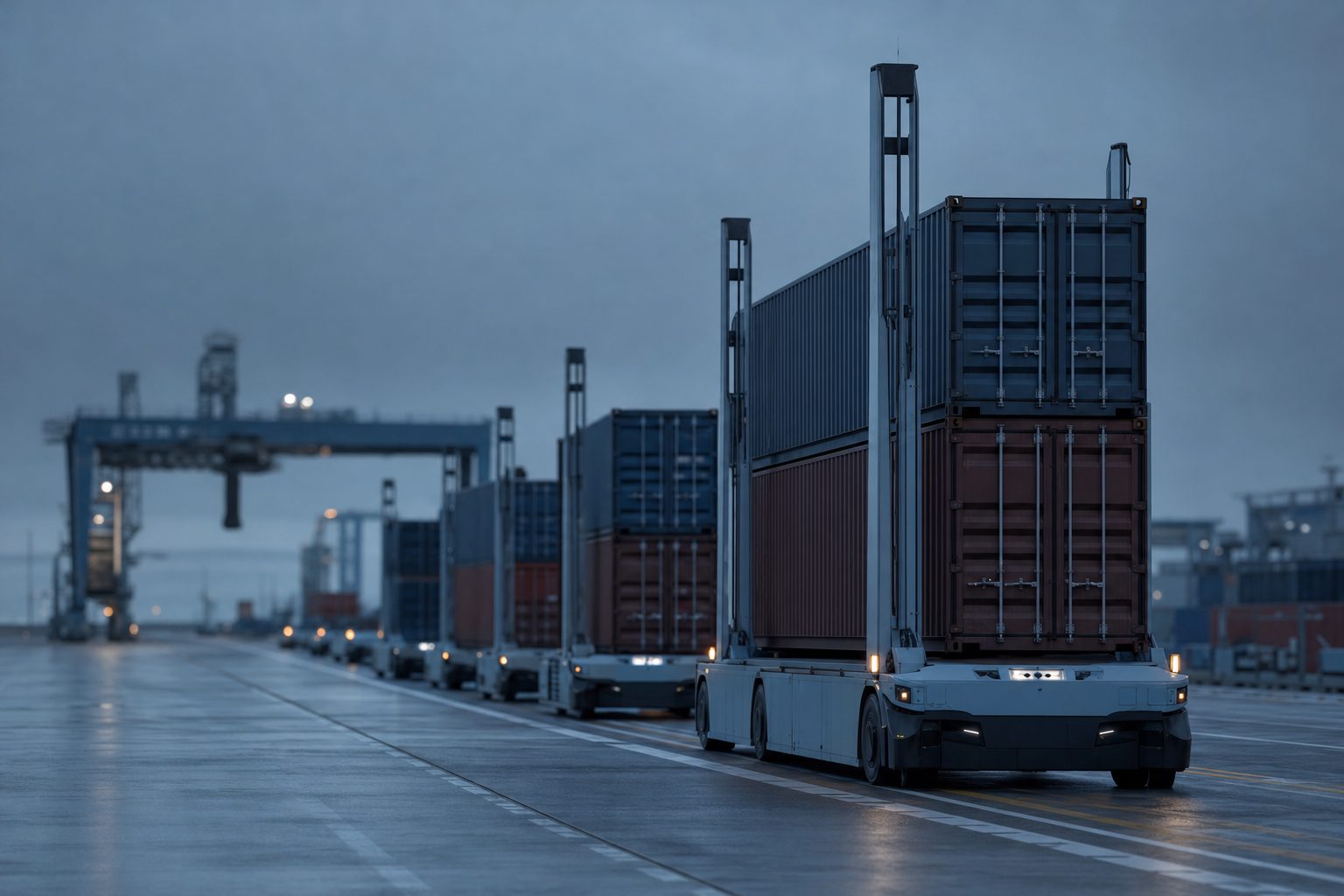 Driverless straddle carriers moving stacked shipping containers along a wet automated terminal lane at dusk