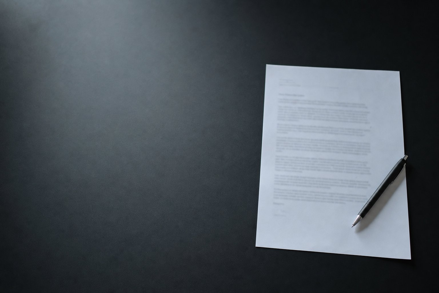 A single printed memo on a dark desk with a pen resting across it