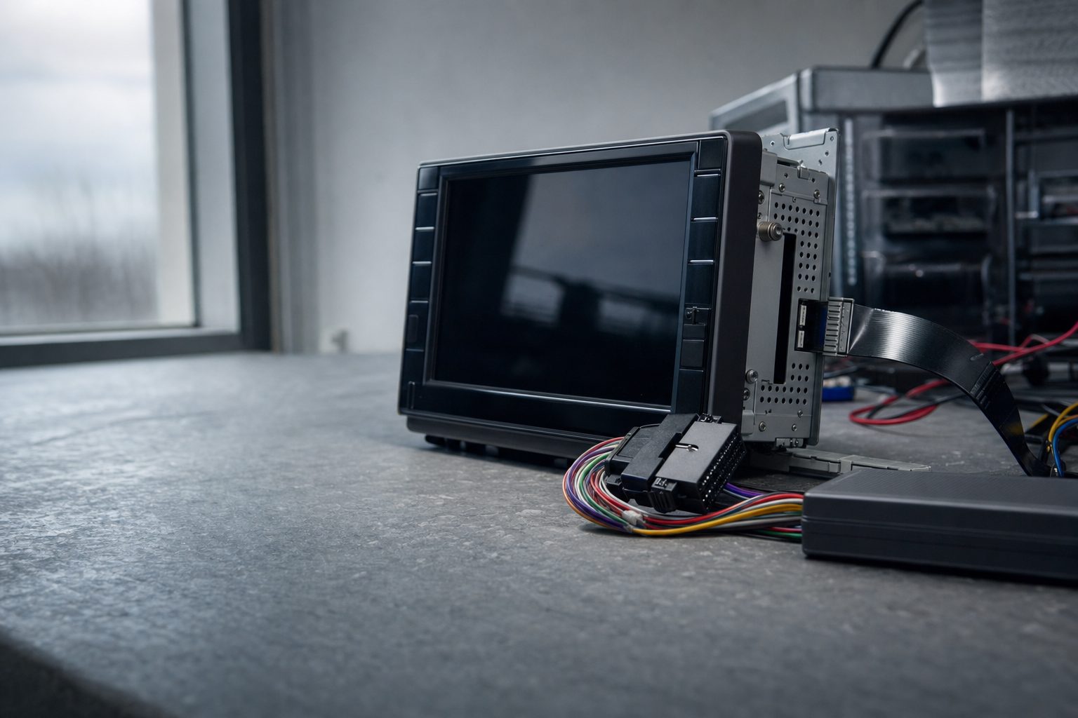 Unbranded automotive infotainment head unit on a workbench with a diagnostic connector attached