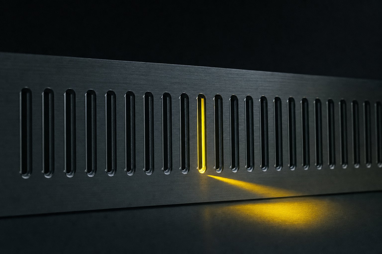 Dark machined panel of evenly milled slots with a single slot lit in signal yellow