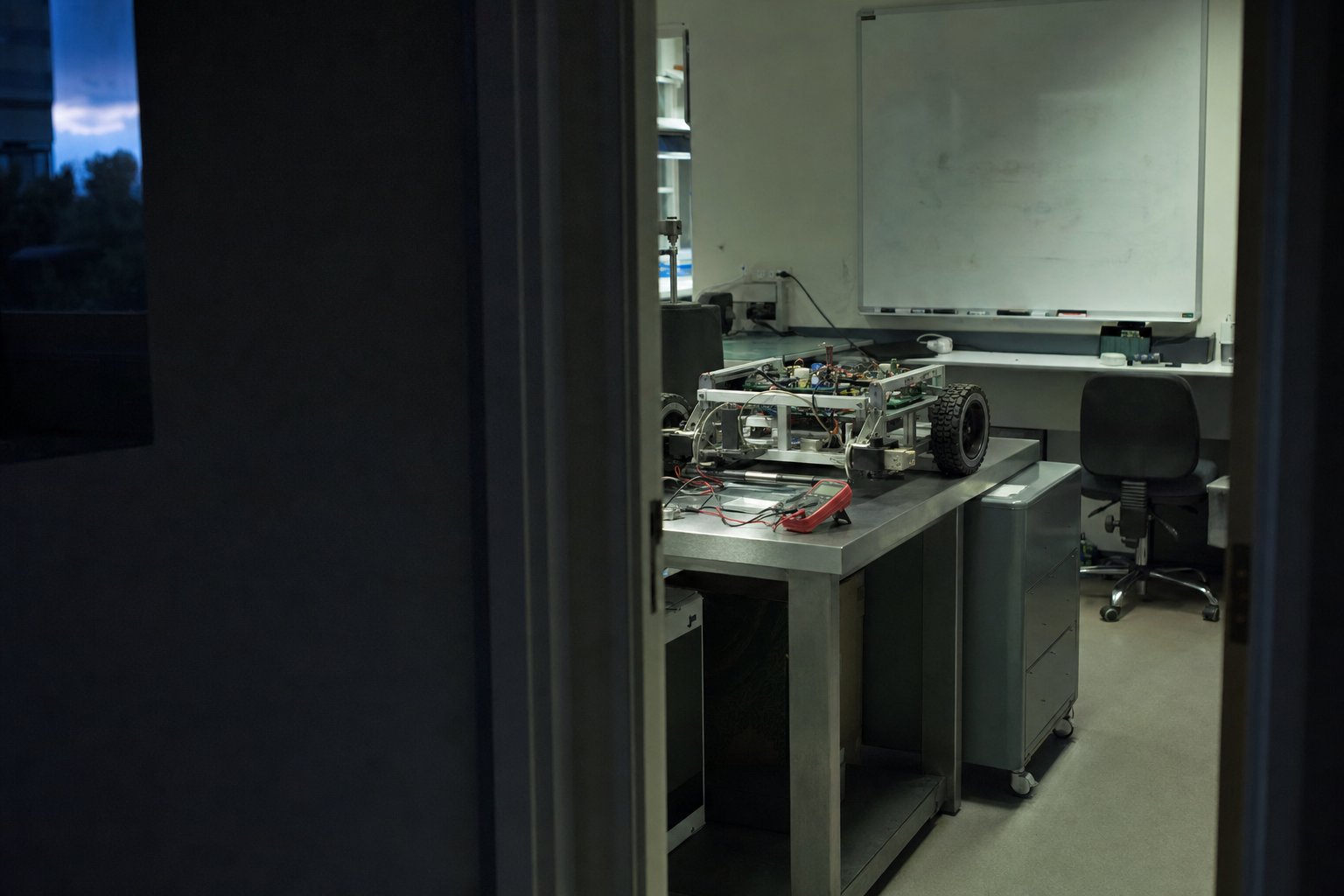 University robotics lab workbench seen through a doorway, a test rig under a wiped whiteboard