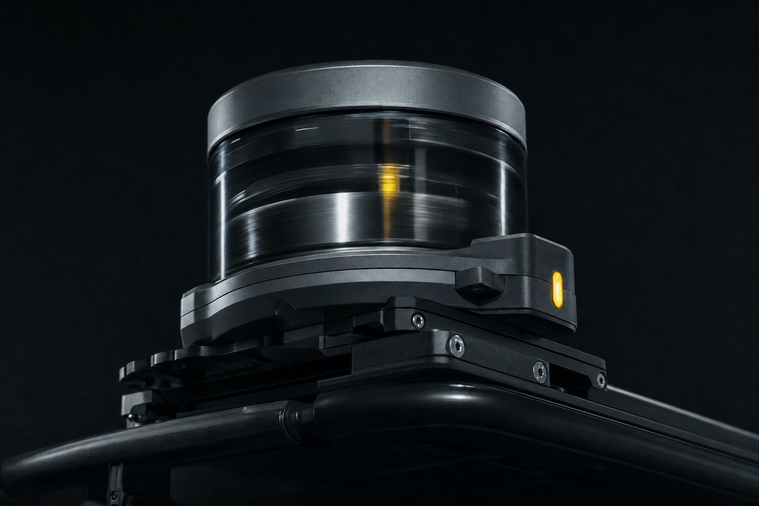 Rooftop lidar sensor housing on a dark vehicle, captured mid-rotation