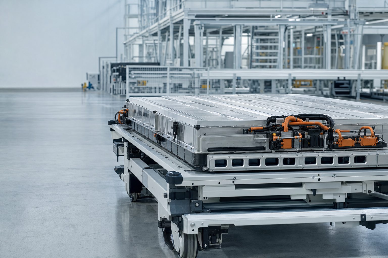 Electric-vehicle battery pack on an assembly trolley with high-voltage cabling