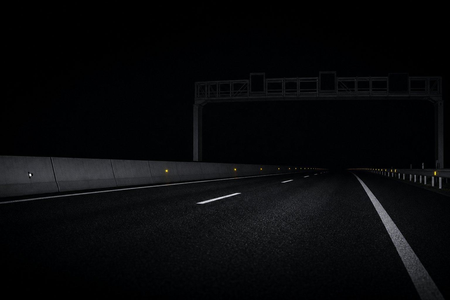 German autobahn lane markings converging into darkness beneath an overhead gantry