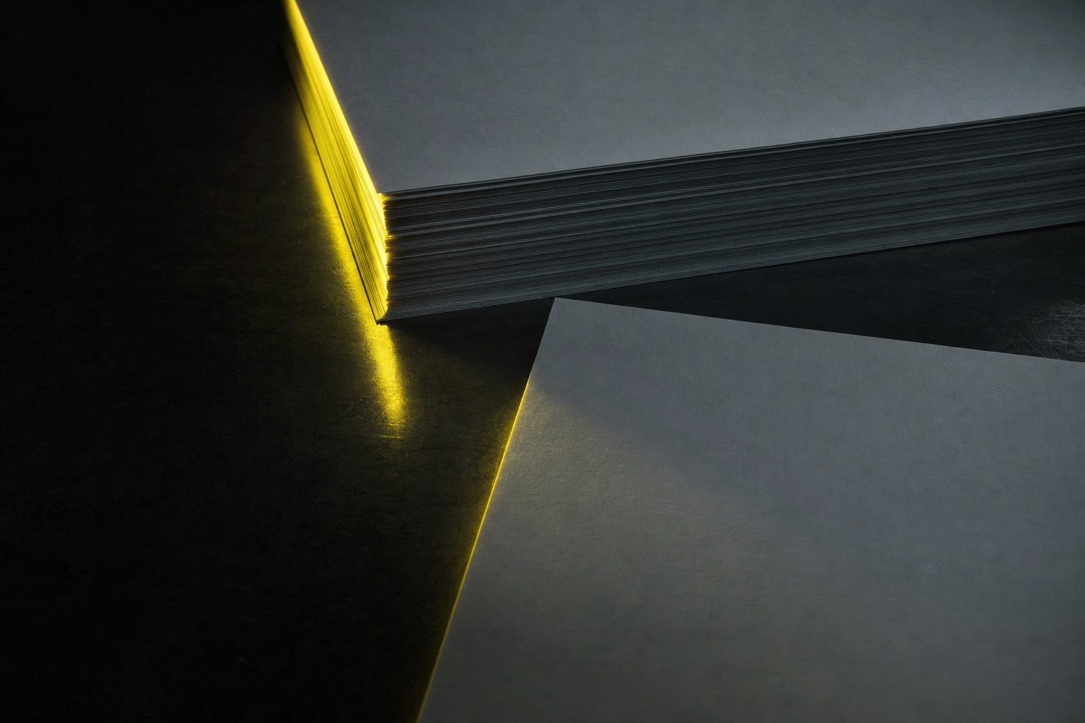 Stacked technical paper on a dark surface under raking light, one sheet offset