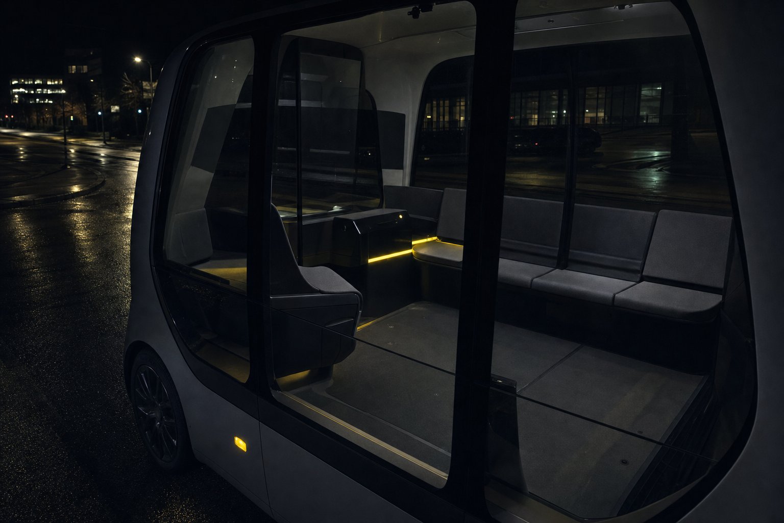 Empty driverless passenger cabin seen through glass at night, vacant driver position